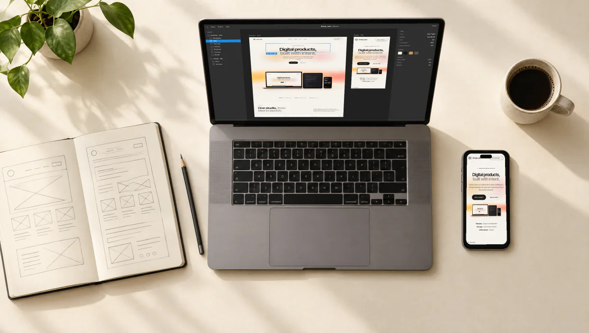 A desk seen from above: a laptop with a design file open, a phone, and a sketchbook with website wireframes.